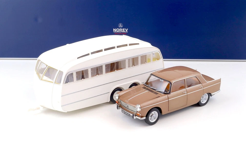 NOREV 184837 PEUGEOT - 404 WITH CARAVAN ROULOTTE HENON 1965 - BROWN MET - 1/18