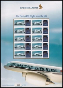 Primer vuelo Airbus A380 2008 GB Singapore Airlines desde Reino Unido BC-136 Smilers Sheet - Imagen 1 de 1