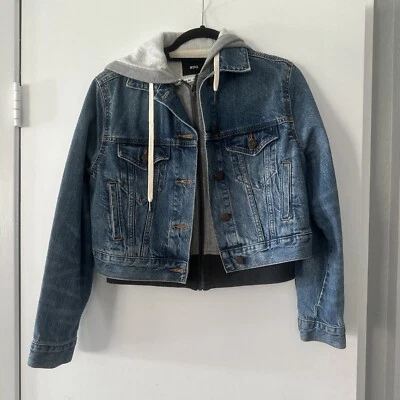 Jaqueta jeans BDG Urban Outfitters com capuz feminina XS bolsos com zíper completo azul cinza - Imagem 1 de 3