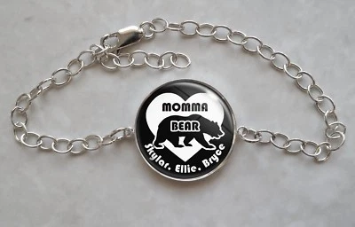Pulsera de plata esterlina mamá oso mamá madre mamá mamá nombres personalizados para niños Foto 1 de 3