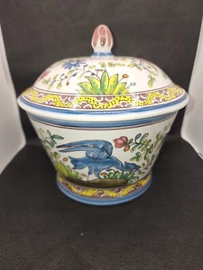 Portugal 17th Century Hand Painted Jar Crock Lid Birds & Flower's Reproduction - Picture 1 of 8
