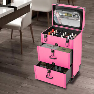 Rolling Makeup Train Case Aluminiowa walizka kosmetyczna Wózek z zamkiem szuflady Różowy