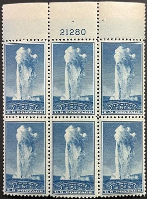 U.S. Scott #744, Upper Sheet PB of 6, Yellowstone, Wyoming Issue, F-VF, MNH - Image 1 of 2