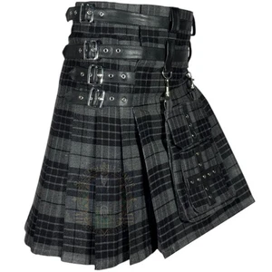 Grey Watch Clan Tartan Utility Kilt for Men - Leather Strap Modern Hybrid Kilt - Picture 1 of 9
