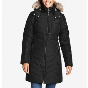 Eddie Bauer Damen Sun Valley Daunen Parka Wintermantel Large schwarz Ski Kapuze Fell - Bild 1 von 11