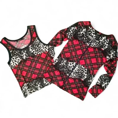 RADZOLI Mujer Rojo Cuadros Estampado Leopardo Manga Larga Cremallera Chaqueta Camiseta sin Mangas Conjunto S Foto 1 de 4