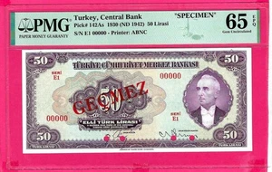TURKEY 50 Lira 1942 p142As PMG 65 EPQ GEM UNC  (TK 18 528) - Picture 1 of 2