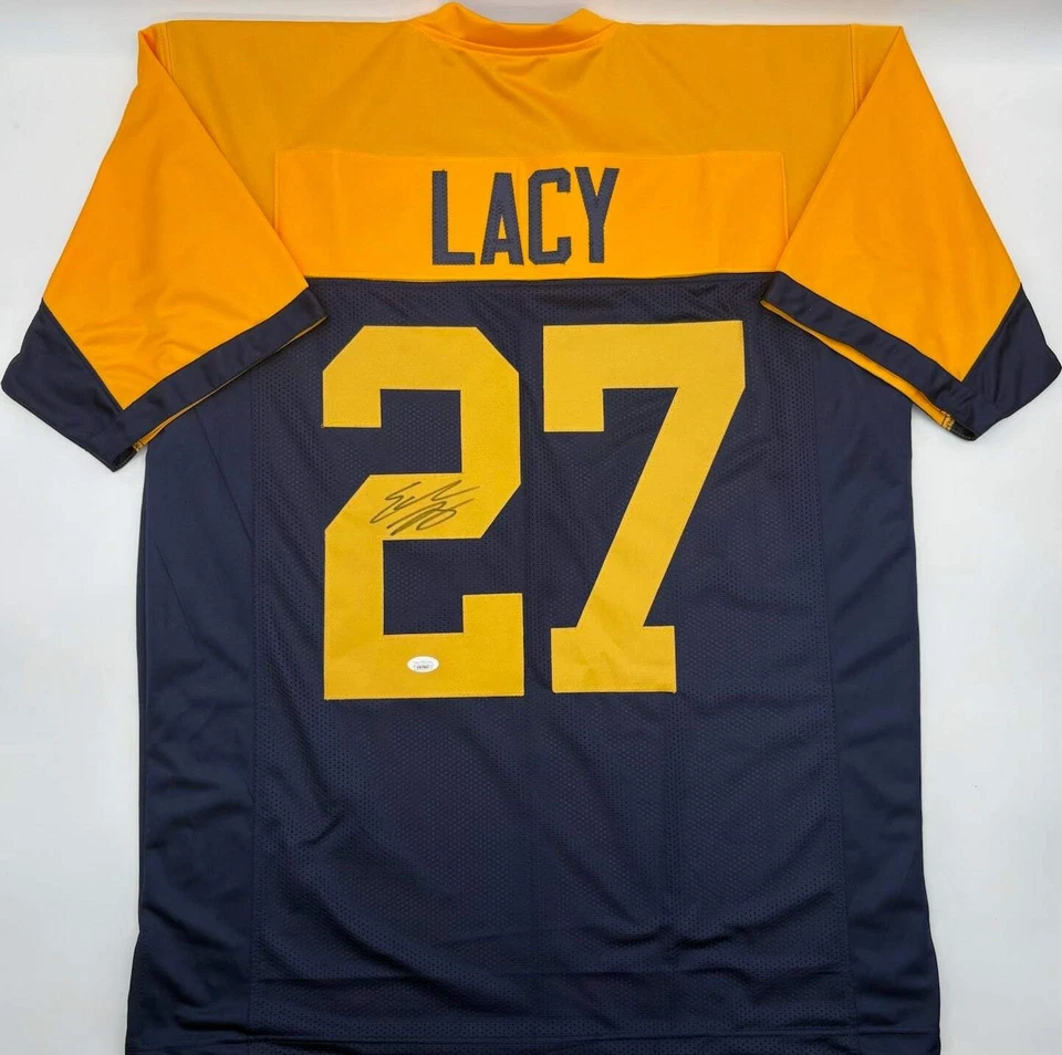 Camiseta de fútbol personalizada dorada/azul marino autografiada por Eddie Lacy de los Green Bay Packers JSA Co Foto 1 de 1