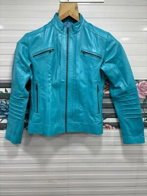 Chaqueta de motociclista para mujer azul turquesa 100 % piel de cordero genuina chaqueta de moto Foto 1 de 4
