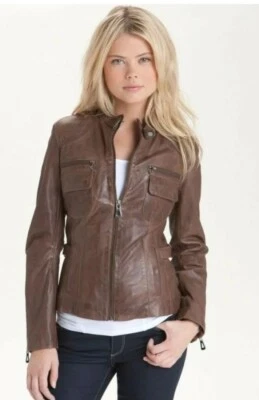 Chaqueta para mujer Bod Christensen de cuero marrón oscuro MOTO ALTA CALIDAD talla S #W Foto 1 de 4