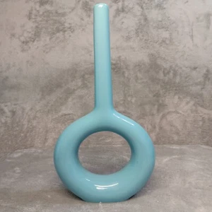 Vase Bottle Circle Donut Shape Long Neck Baby Blue Ceramic Unbranded 14" Tall - Picture 1 of 9