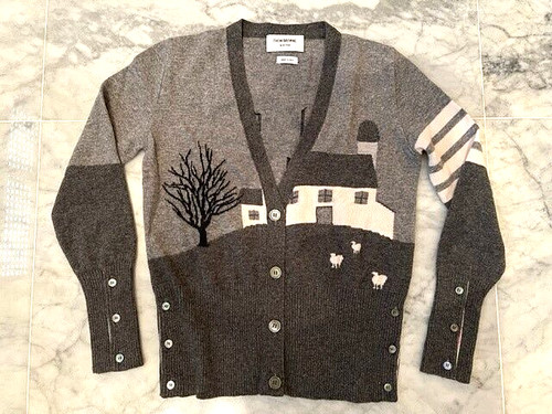 CARDIGAN IN CASHMERE PAESAGGIO THOM BROWNE GRIGIO E CREMA TAGLIA 40