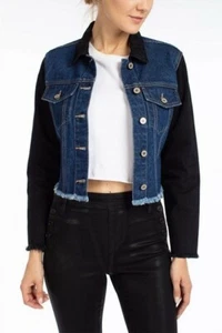 Two Tone Denim Fringe Jacket Black Denim Sleeves and Collar - Picture 1 of 4