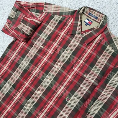 Vtg Tommy Hilfiger Shirt Mens XL Red Green Tan Plaid Heavy Button Down Cotton - Image 1 of 4