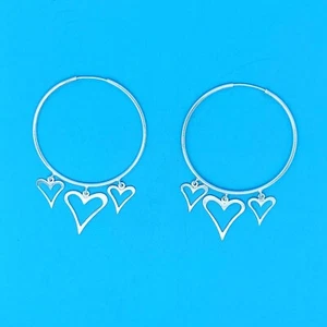 Genuine 925 Sterling Silver Large 42mm Hoop Earrings with Three Dangling Hearts - Picture 1 of 1