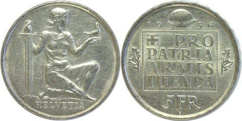 1936 B Switzerland Silver 5 Francs KM# 41 Cleaned Cover