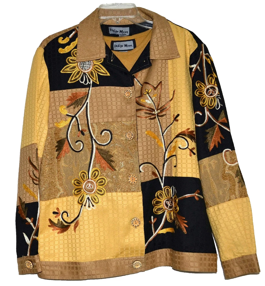 Blazer y Top Indigo Moon Artístico Dorado Negro y Tostado Bordado Flores Talla S Nuevo sin Etiquetas Foto 1 de 4
