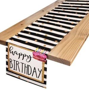 Birthday Table Runner Black Stripes Birthday Table Runner with Gold Dots Cake... - Picture 1 of 5