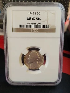 1943 S Jefferson 5c, NGC Certified MS 67 5FS - Picture 1 of 2