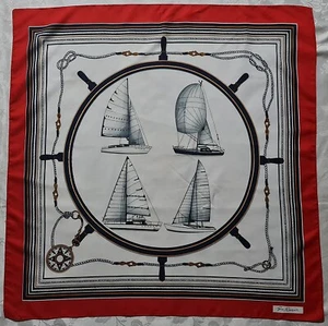 BUFANDA VINTAGE AUTÉNTICA GIM RENOIR ARTE NÁUTICO VELERO ROJO AZUL 34" CUADRADO - Imagen 1 de 5
