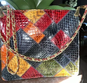 Vintage Reptile Patchwork Leather MORRIS MOSKOWITZ Evening Bag Purse Chain Strap - Picture 1 of 12