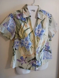 VTG Caribbean Joe PM Blouse Blue Green Yellow Purple Tropical Hawaiian Floral - Picture 1 of 8