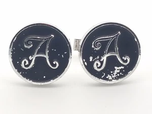 Men`s Sterling Silver 925 Initial Letter 'A' Blackened Round Business Cufflinks - Picture 1 of 11