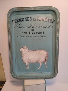 Painted Metal Tray Decor  Blue Color Farmhouse Label Sheep Iod Transfer Upcycle - Picture 1 of 6