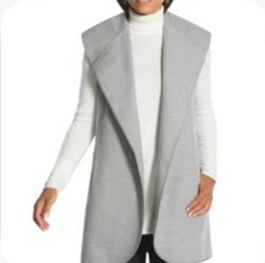 Chico's Vest Sz 1 Medium Grey Open Front Shawl Collar Long Fleece Duster Pockets - Picture 1 of 7
