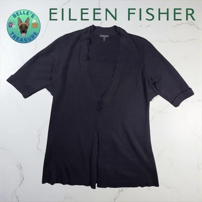 Eileen Fisher Sweater Womens Petite Large Cardigan Black Deep V Neck Silk Blend - Image 1 of 4