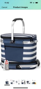 Foldable Collapsible Picnic Basket - Portable Cooler Bag - Blue White Stripe - Picture 1 of 6