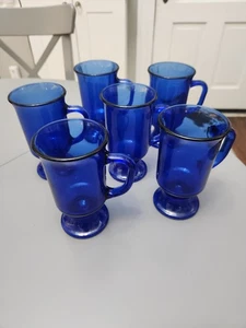 Six (6) Vintage Anchor Hocking Cobalt Blue Glass Pedestal Footed Coffee Mugs - Picture 1 of 6