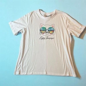 Easy Essentials Women's XL White Cat Graphic T-Shirt Summer Casual - Picture 1 of 6