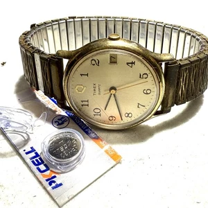 Vintage Timex Uhr Q M Cell NEU Batterie Quarz Metall Flexband goldfarben mit Datum - Bild 1 von 16