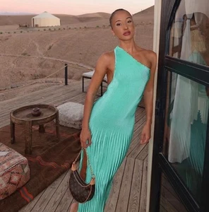 L'IDEE Lidee Dress Size AU 8/ US 4 Midi Gigi Aqua Green Side Slit One Shoulder - Foto 1 di 21