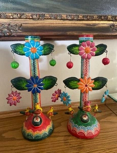 Coppia portacandele vintage Messico arte popolare albero della vita COLORATO ~ ALFONSO CASTILLO - Foto 1 di 10