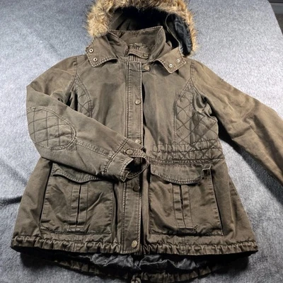 Guess Jacket Womens Olive Faux Fur Hood Quilted Lined Parka Utility Coat - Image 1 of 4