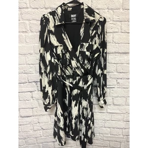 DKNY Black & Ivory Wrap Shirt Dress Long Sleeve Knee Length NWOT SZ 14 - Picture 1 of 5