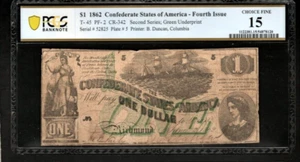 T-45 $1 1862 Confederate States Currency Civil War Banknote , PCGS 15 - AA20 - Picture 1 of 2