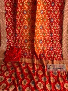 Red and Orange Chiffon Georgette saree sari party wear designer handmade - Picture 1 of 5