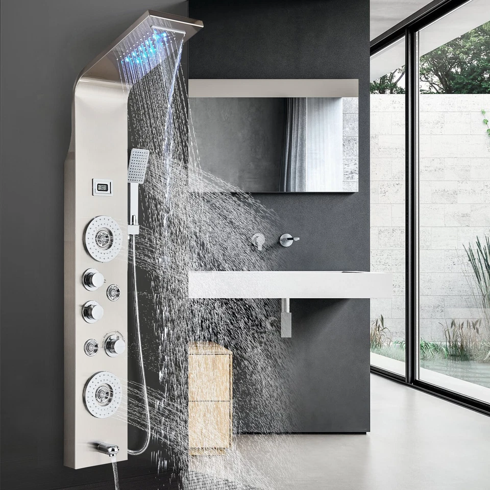 Ello&allo Stainless Steel Shower Panel Rain&waterfall Tower Massage Jets Mixer1