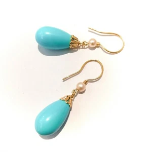Orecchini Oro giallo 18kt, pendenti, con gocce di Turchesi e perle - Imagen 1 de 5