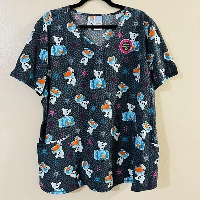 Womens XL Frozen Olaf Scrub Top Disney W/ Snowflakes - Image 1 of 4