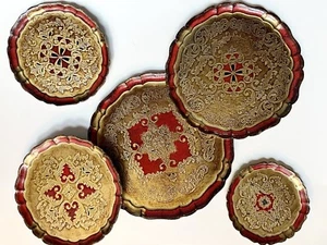 RARE WOW! 5 Vintage *Gold Gilt RED Florentine TRAYS Italy ITALIAN Antique Round - Picture 1 of 13