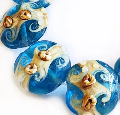 Cuentas de vidrio de murano hechas a mano color azul 19 mm forma lenteja 4 cuentas (#a6) Foto 1 de 3