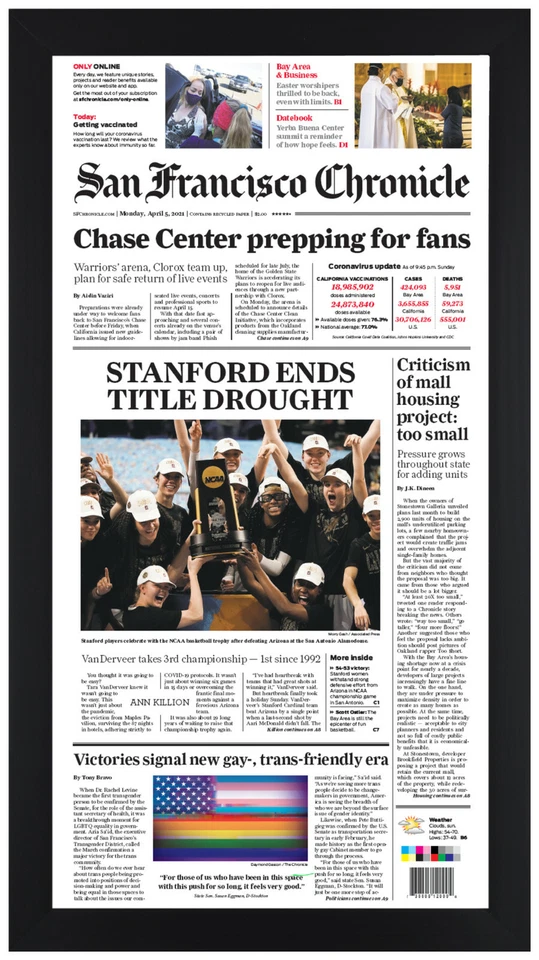 Stanford Cardinal NCAA Womens National Champions Newspaper Print Framed! 4/5/21 - Image 1 of 1