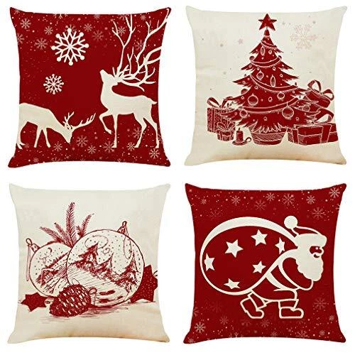 Ogrmar 4pcs 18"x18" Throw Pillow Covers Christmas Decorative Red and Beige