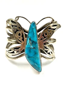 ADAM FIERRO SILVER & TURQUOISE NAVAJO LARGE BUTTERFLY CUFF BRACELET - Picture 1 of 7
