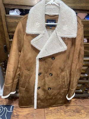 GUESS Men's Brown Button Up Double Breasted Faux-Shearling Coat, Size XLARGE NWT - Image 1 of 4