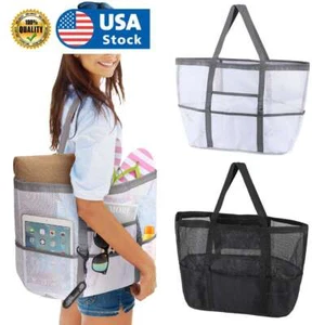 Women Large Mesh Pocket Bag Swimming Beach Tote Foldable Shopping Zipper Handbag - Picture 1 of 13